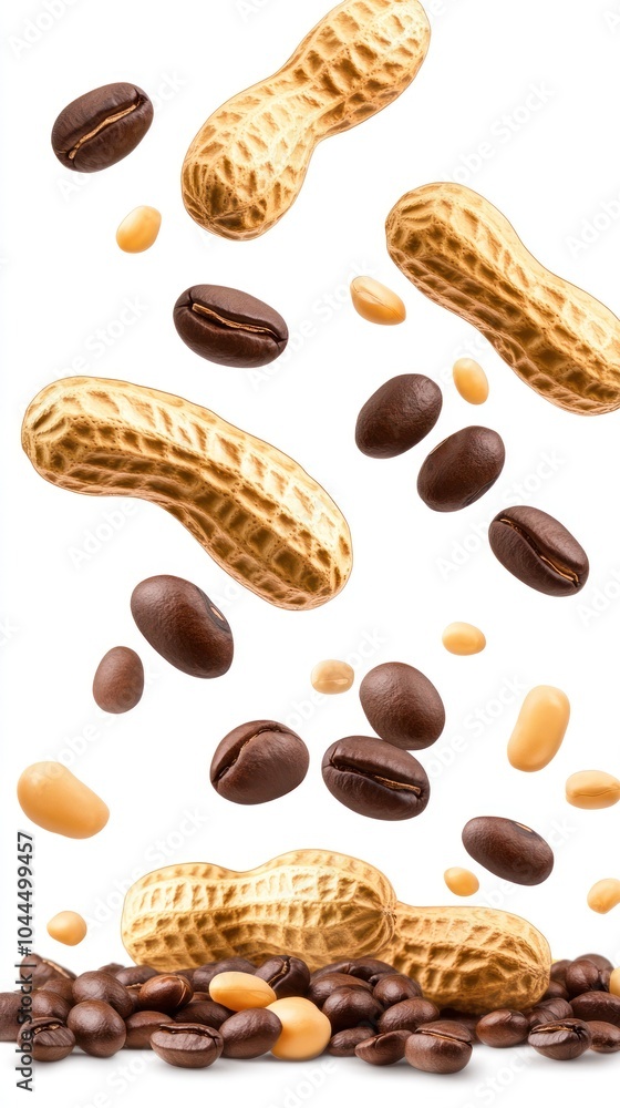 A dynamic arrangement of peanuts and coffee beans, showcasing a blend of textures and colors. A dynamic arrangement of peanuts and coffee beans, showcasing a blend of textures and colors.