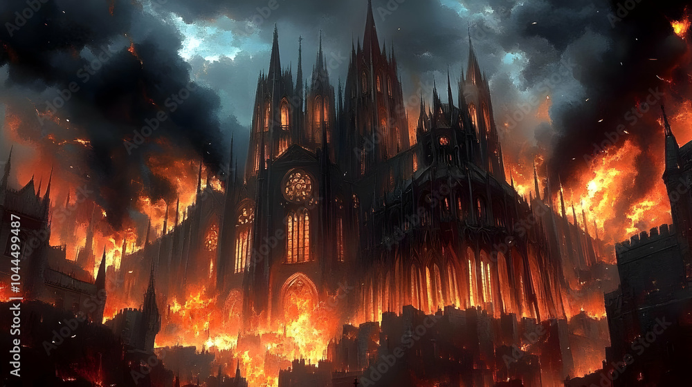 Fototapeta premium Gothic Cathedral in Hell Surrounded by Flames