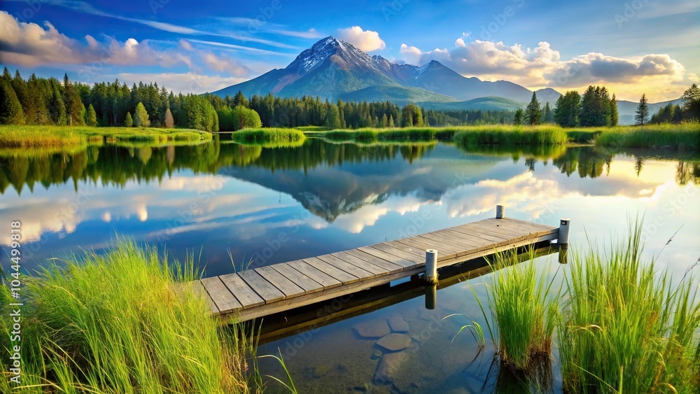 Obraz premium Scenic view of dock reflection in pond with grass