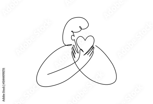 Line art of a woman with heart shape in self love concept , editable stroke.