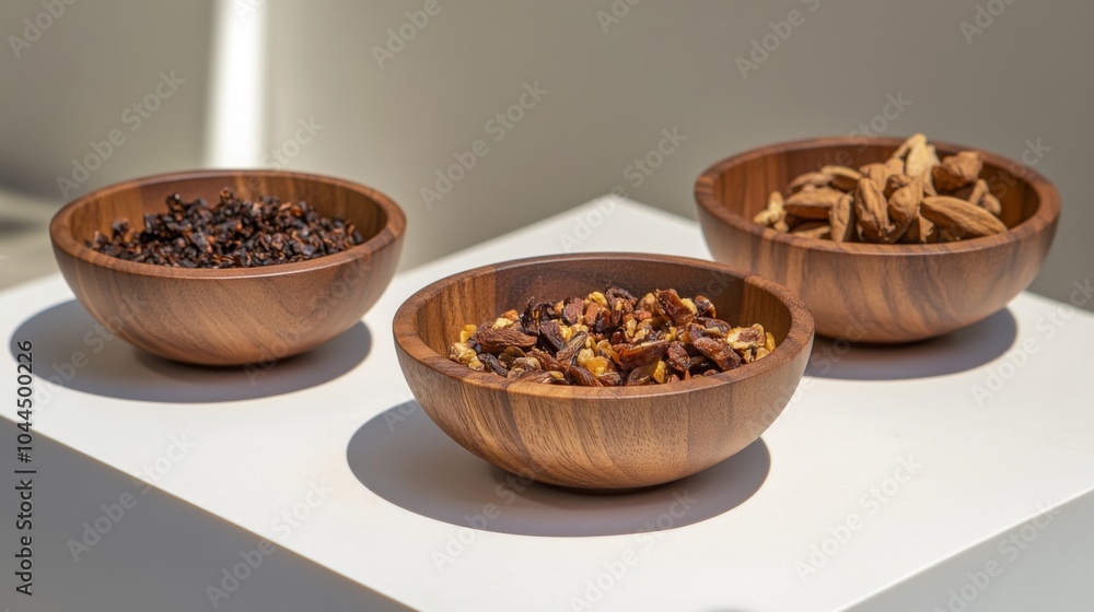 Organic Snack Mix in Wooden Bowls with Natural Lighting Organic Snack Mix in Wooden Bowls with Natural Lighting