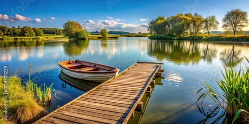 Scenic view of fishing lake with wooden jetty, row boat, and life rings in English countryside