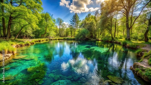 Scenic view of flowing natural spring and summer landscape