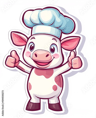 Cartoon pig chef with spoon and tray in the kitchen, smiling and cooking, surrounded by food, animals, and farm elements