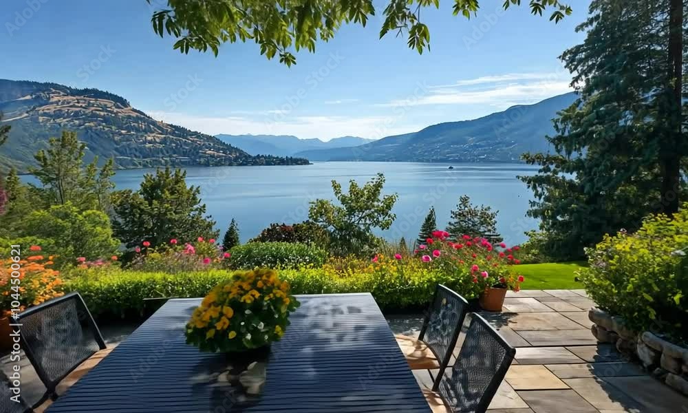 A serene lakeside view with a dining table surrounded by flowers and mountains. A serene lakeside view with a dining table surrounded by flowers and mountains.