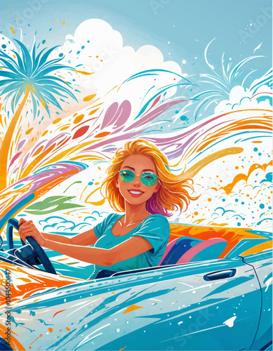 Happy girl rides car. Driving, trip, travel concept. Exotic Journey. Cartoon vector illustration
