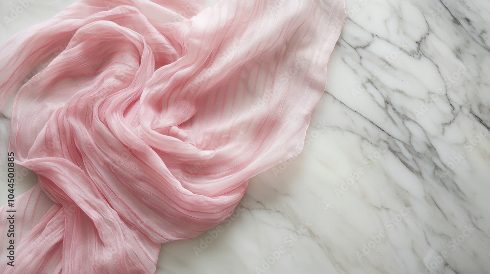 beautifully draped pink chiffon sari rests gently on a minimalist marble surface, beautifully draped pink chiffon sari rests gently on a minimalist marble surface,