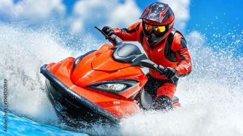 Man on a Jet Ski Speeding Across Lake with Splashing Water Summer Water Sports Adventure