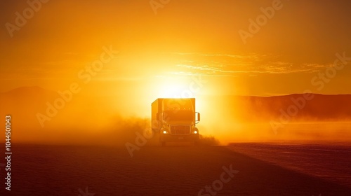 Semi Truck Driving Through Desert at Sunset Transportation Logistics Delivery