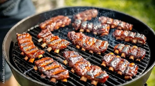 Delicious BBQ Ribs Grilling on a Charcoal Grill Summer Food Outdoor Cooking Backyard Feast