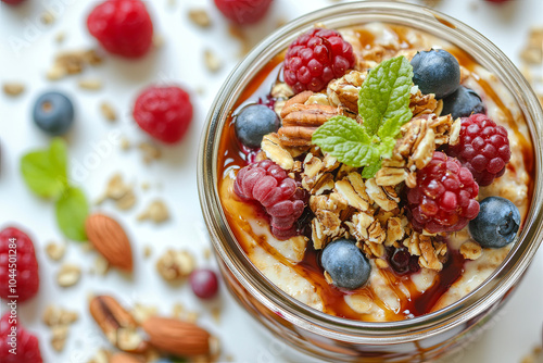 Overnight oats in a jar with berries, nuts, and honey drizzled on top photo