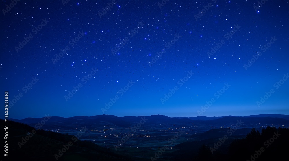 A serene night sky filled with stars over a tranquil landscape and distant lights. A serene night sky filled with stars over a tranquil landscape and distant lights.