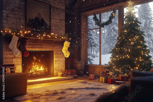 Christmas tree by the fireplace, decorated with twinkling lights and stockings, soft snow falling outside the window