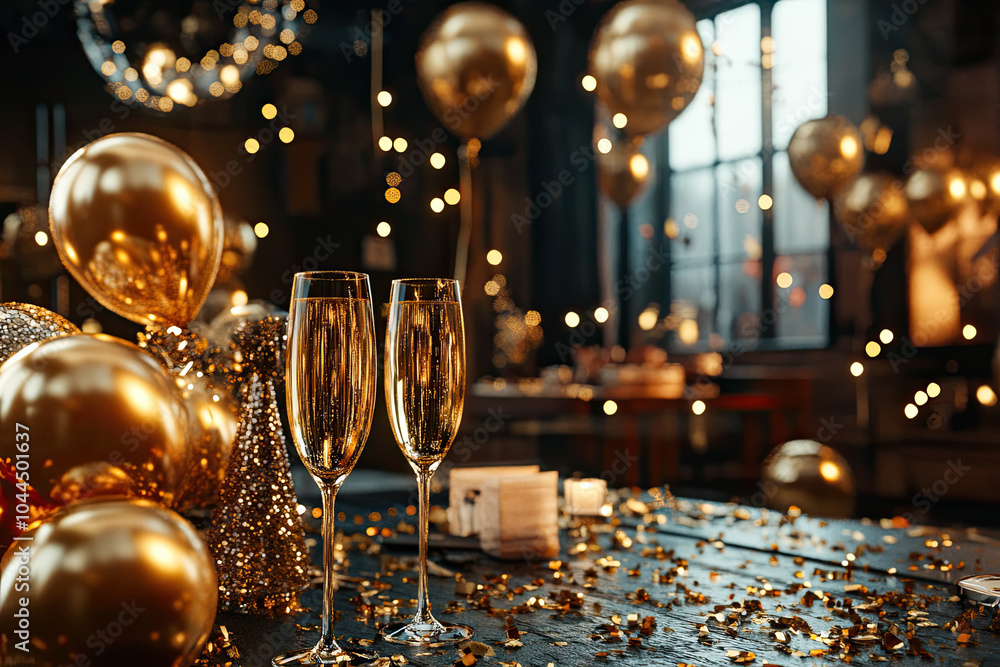 New Year Eve party setup with shimmering golden balloons, champagne glasses, confetti New Year Eve party setup with shimmering golden balloons, champagne glasses, confetti