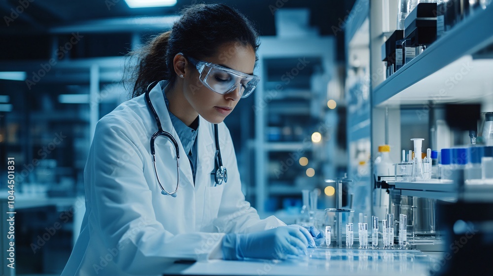 A confident young female doctor in a white coat and stethoscope smiling while looking experimental results in a hospital setting A confident young female doctor in a white coat and stethoscope smiling while looking experimental results in a hospital setting