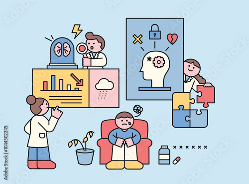 A patient with depression is receiving psychiatric counseling. A doctor is analyzing the patient. Cute character illustration with outline.