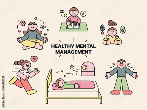 A routine for managing your mental health. Cute character illustration with outline.
