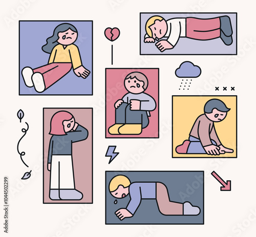 People characters with sad and depressed emotions. Cute character illustration with outline.