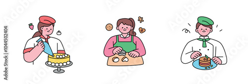 The pastry chef character is baking cakes and making cookies. Cute character upper body illustration with outline.