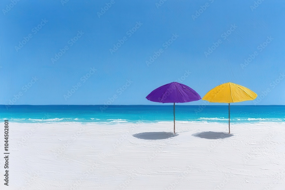Two colorful beach umbrellas on a pristine sandy beach under clear blue sky. Two colorful beach umbrellas on a pristine sandy beach under clear blue sky.