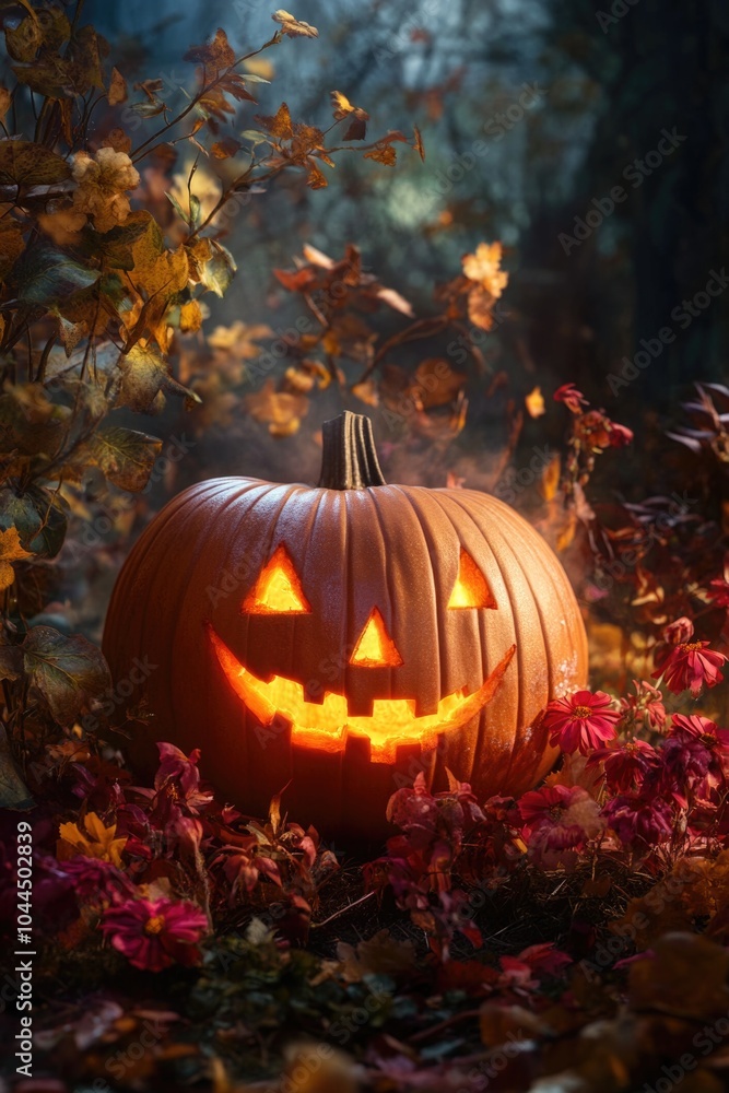 Jack-o'-lantern in autumn leaves Jack-o'-lantern in autumn leaves