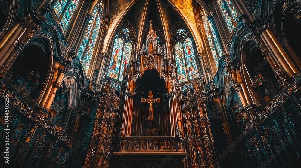 Ornate Wooden Pulpit in Grand Gothic Cathedral Ornate Wooden Pulpit in Grand Gothic Cathedral