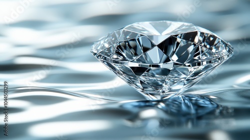 A sparkling diamond rests elegantly on a shimmering water surface, reflecting light in a tranquil setting