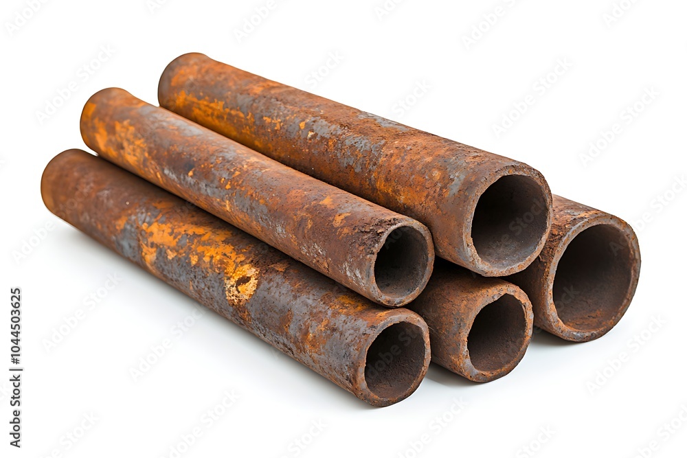 Five rusty metal pipes stacked on top of each other isolated on white background. Five rusty metal pipes stacked on top of each other isolated on white background.
