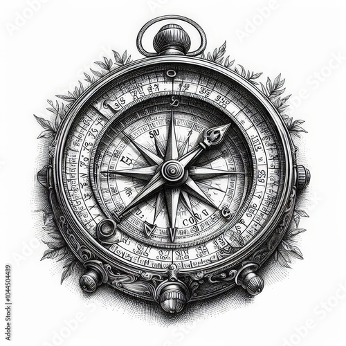 Vintage compass with intricate details, navigation tool sketch engraving. Black and white image. photo