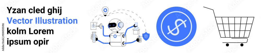 Robot with tools around, blue currency symbol and shopping cart. Ideal for technology, e-commerce, digital security, finance and artificial intelligence. Banner for landing page Robot with tools around, blue currency symbol and shopping cart. Ideal for technology, e-commerce, digital security, finance and artificial intelligence. Banner for landing page