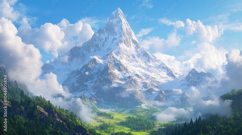 Naklejka premium Majestic snow-covered peak standing tall above a valley of green forests, symbolizing nature's awe-inspiring power and beauty