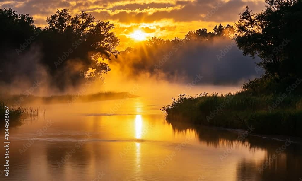 A serene sunrise over a misty river, illuminating the landscape with warm golden hues. A serene sunrise over a misty river, illuminating the landscape with warm golden hues.