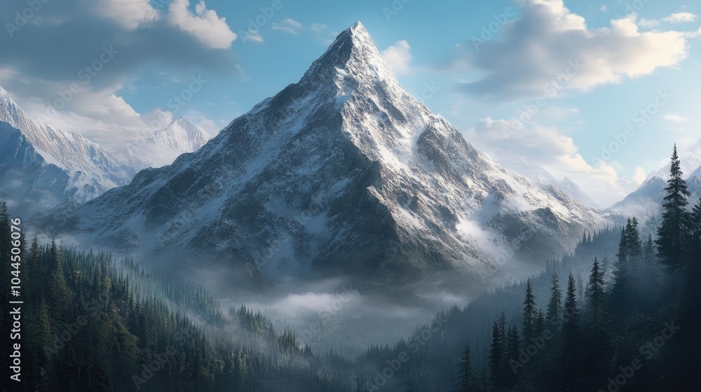 custom made wallpaper toronto digitalSnowy mountain peak rising high above a forested valley, symbolizing the majestic power and serene beauty of nature