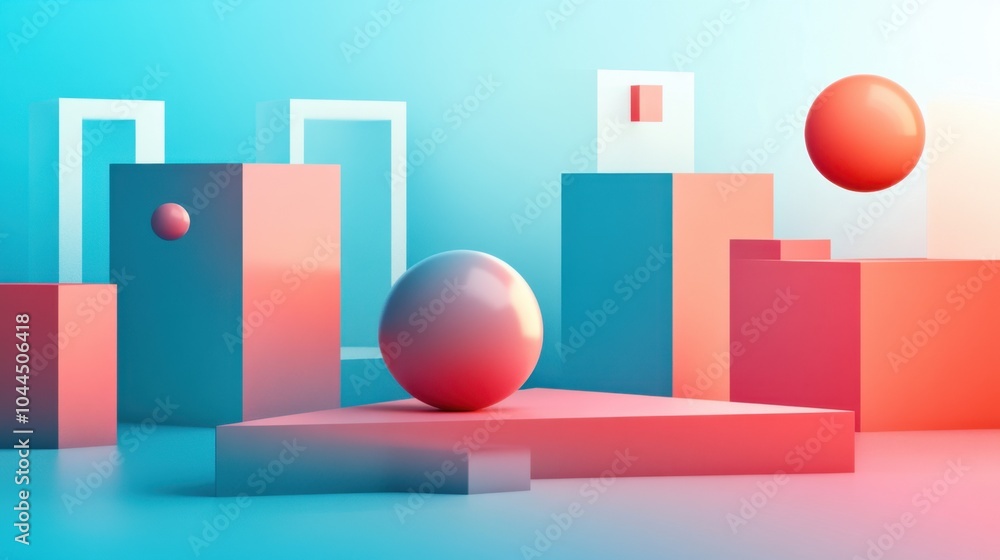 Abstract geometric forms create a playful composition in vibrant pink and blue tones, illuminated by soft lighting Abstract geometric forms create a playful composition in vibrant pink and blue tones, illuminated by soft lighting