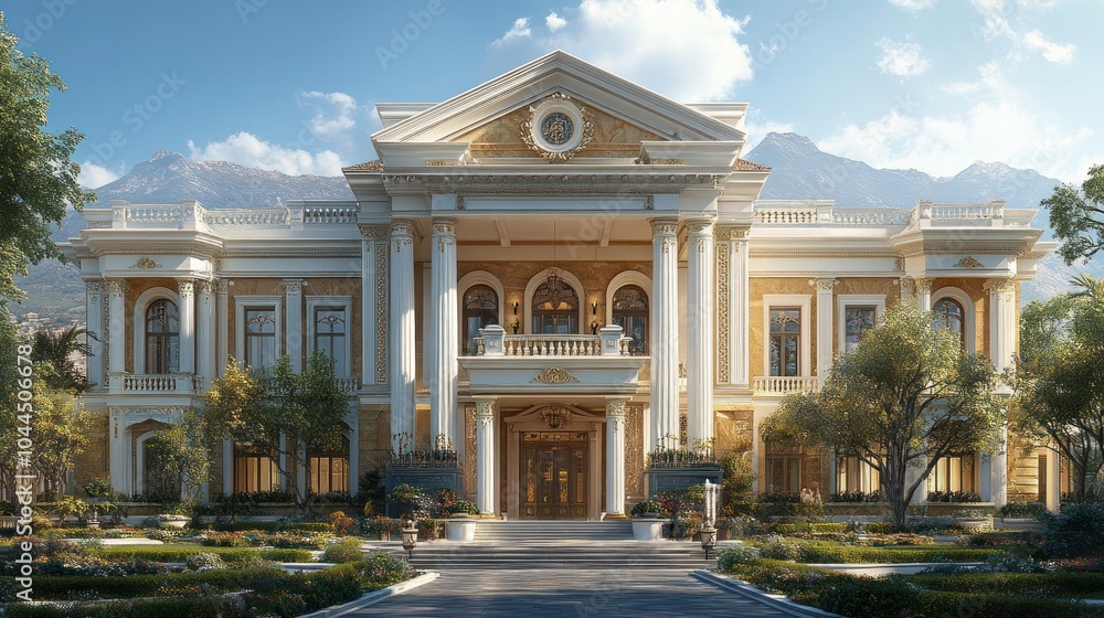 Fototapeta premium Grand mansion with classical architecture and landscaped gardens.