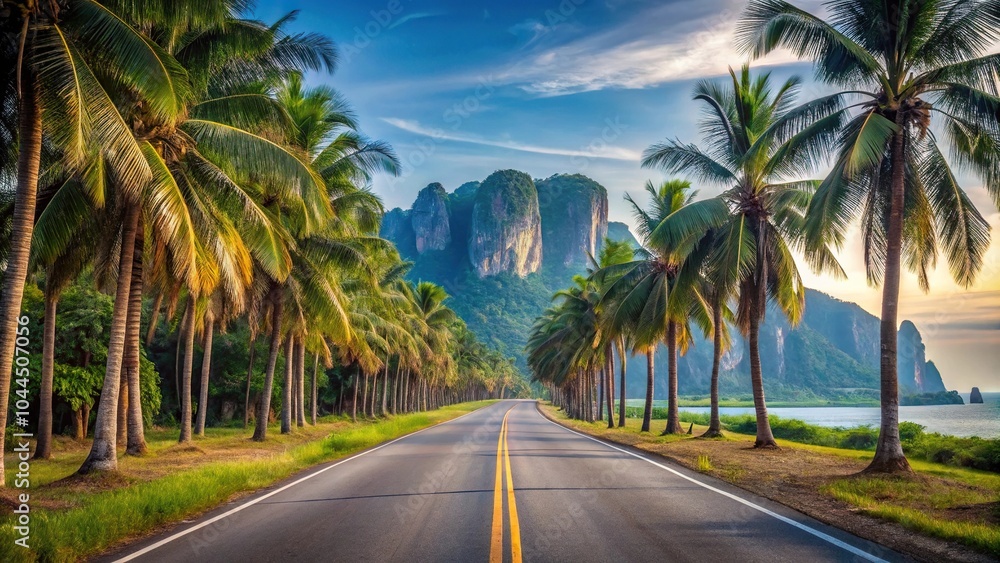 Scenic view of road, palm trees, and mountains in Krabi
