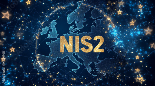 A map of Europe with stars arranged in a circle around the letters "NIS2". The design has a technological feel.