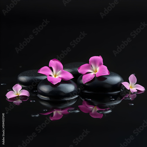 beautiful pink spa flowers on spa hot stones on water wet background. side composition. copy space. spa concept. dark background