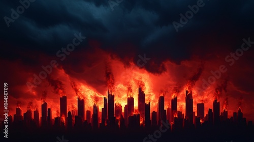 A dramatic skyline engulfed in flames under dark, stormy clouds, illustrating a scene of destruction and chaos.