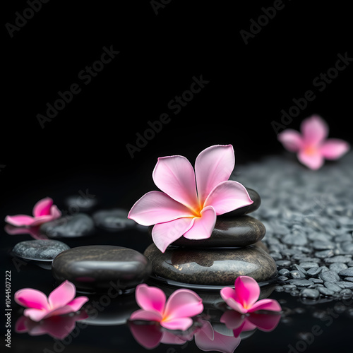 beautiful pink spa flowers on spa hot stones on water wet background. side composition. copy space. spa concept. dark background