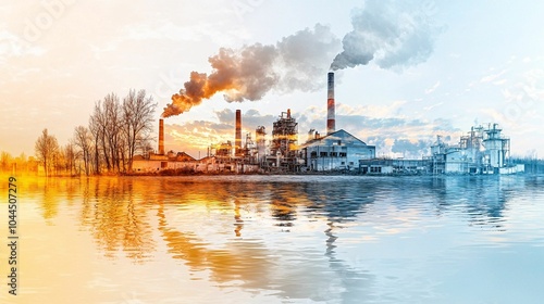 A striking industrial landscape features smokestacks emitting smoke over a shimmering water surface, showcasing the contrast of nature and industry.