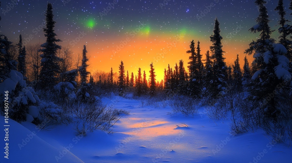 A serene winter landscape at sunset with northern lights illuminating the snowy forest. A serene winter landscape at sunset with northern lights illuminating the snowy forest.
