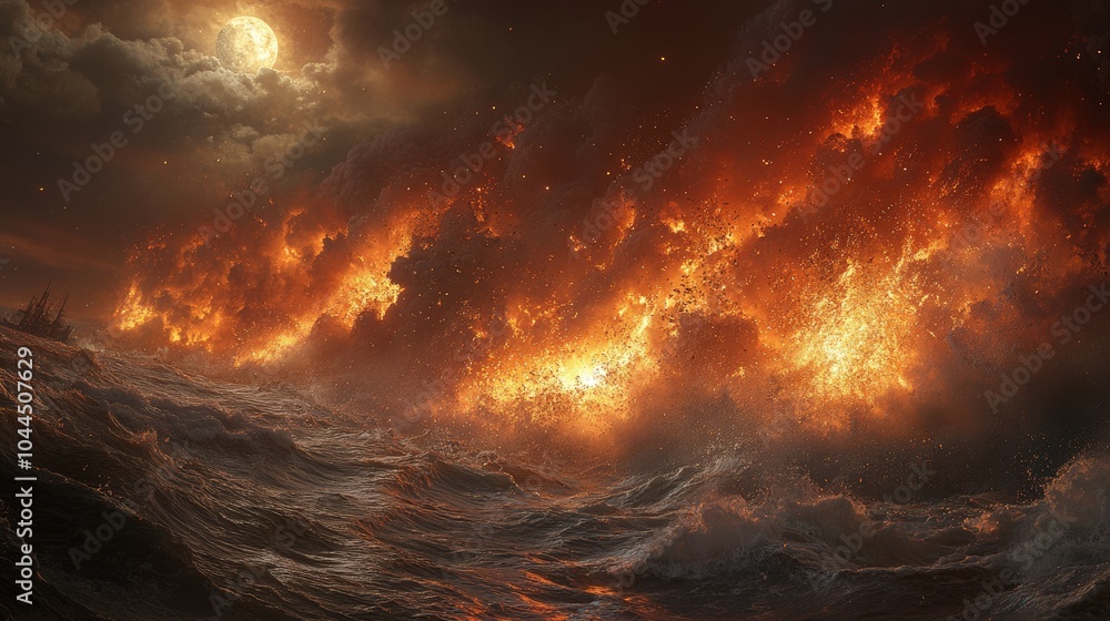 Fiery Sky Over Stormy Ocean with Full Moon Dramatic Night Sky Landscape Fiery Sky Over Stormy Ocean with Full Moon Dramatic Night Sky Landscape