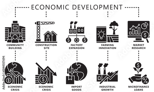 Economic development glyph icons set. contain community, economic crisis, construction, farming innovation, industrial, market and more. Vector EPS 10 for UI or UX kit, web and app, business, finance.
