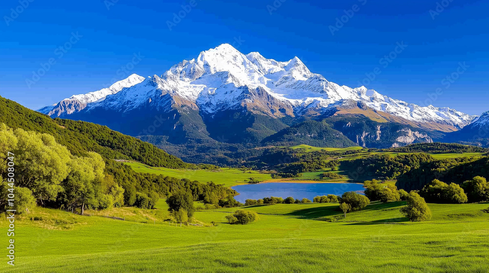 A majestic snow-capped mountain towers over a tranquil lake nestled amidst lush green meadows. A majestic snow-capped mountain towers over a tranquil lake nestled amidst lush green meadows.