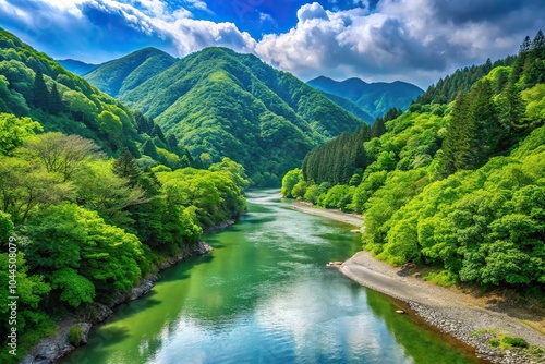 Scenic view of Shimanto River and lush green mountains in May photo