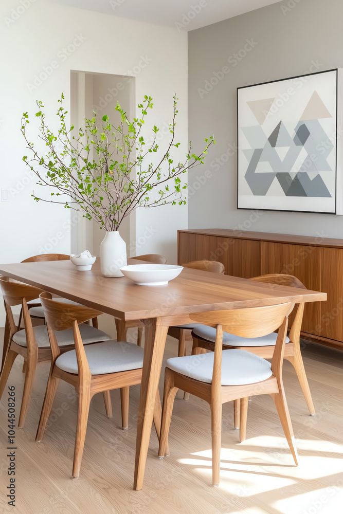Elegant modern dining room with natural elements and artistic décor Elegant modern dining room with natural elements and artistic décor