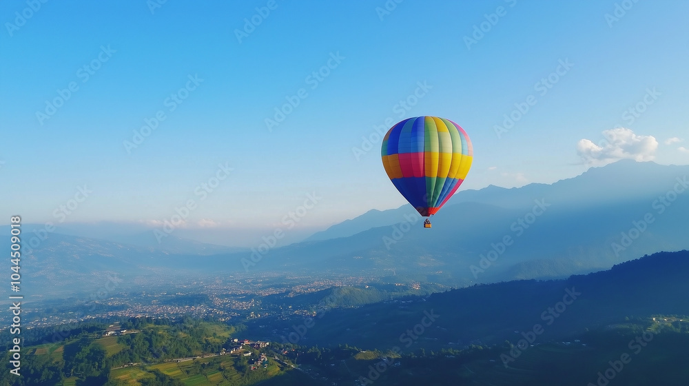 Fototapeta premium Colorful Hot Air Balloon Soaring Over Scenic Landscape