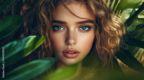 A close-up portrait of a young woman amidst lush green foliage, highlighting natural beauty.