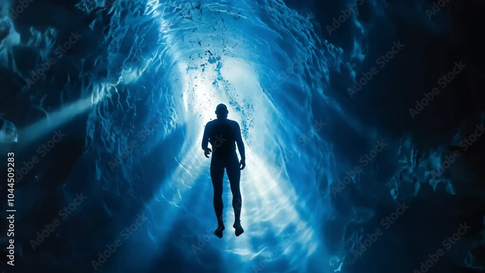 A person stands in a blue ice cave. Light shines from the entrance. A person stands in a blue ice cave. Light shines from the entrance.